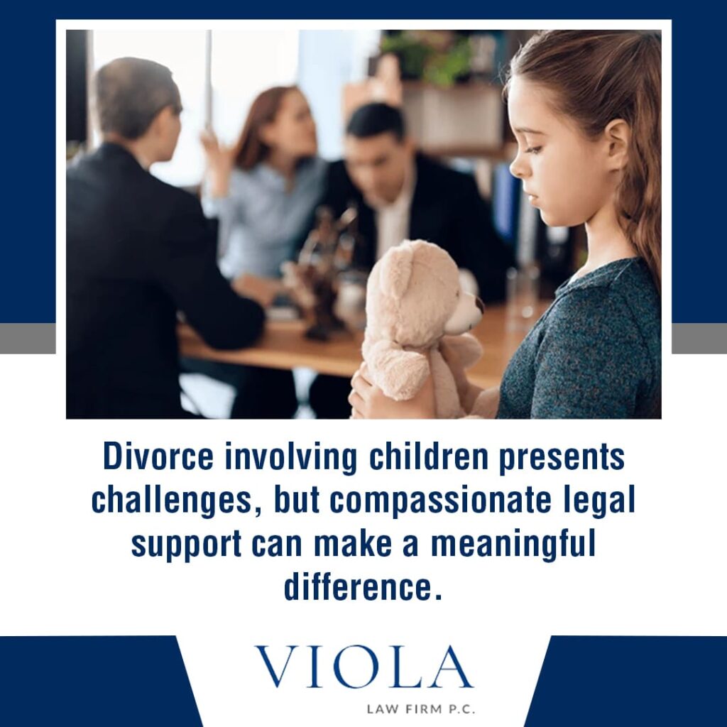A child holds a teddy bear while their parents and a lawyer talk in the background.
