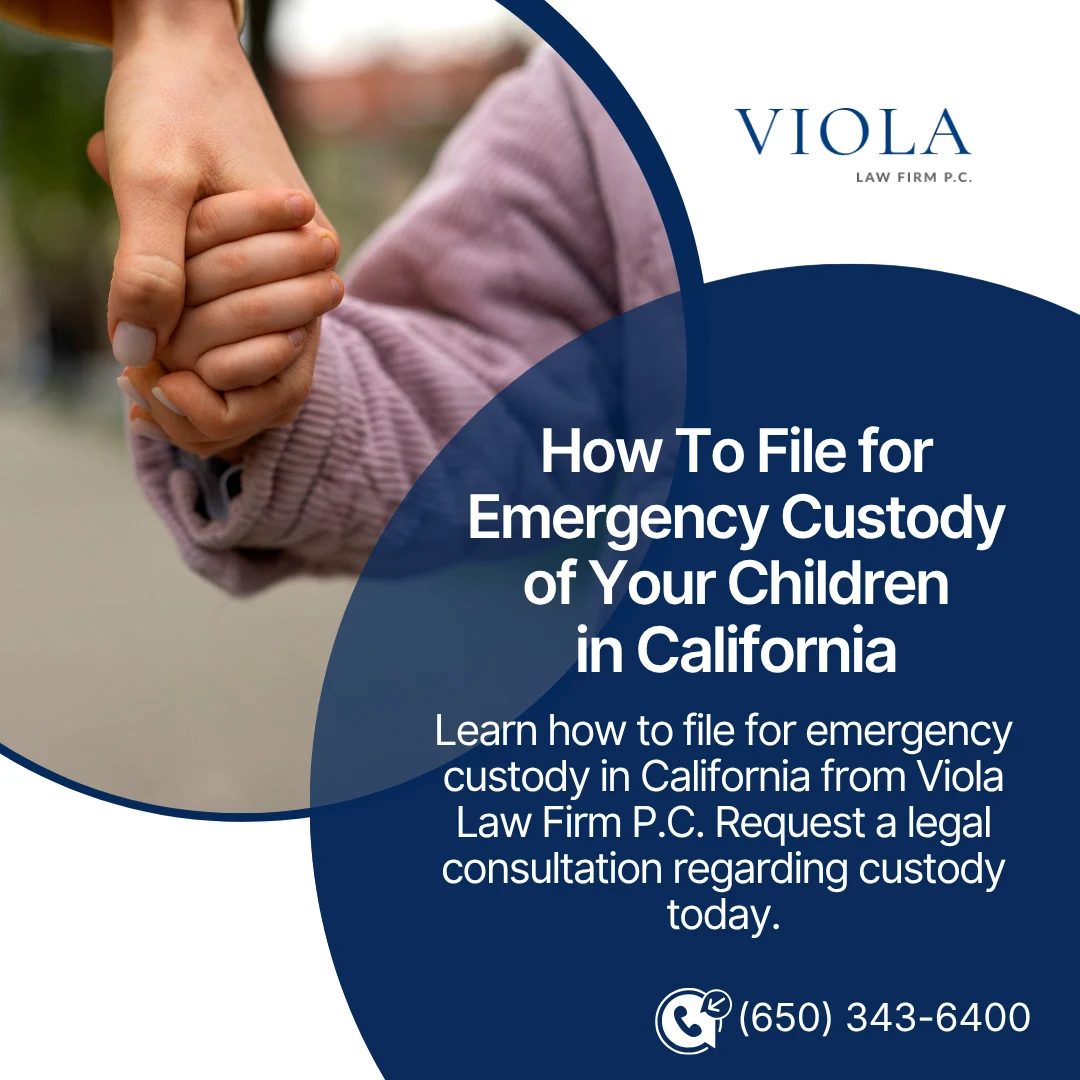 Adult holding a child's hand, alongside text from Viola Law Firm explaining how to file for emergency child custody.