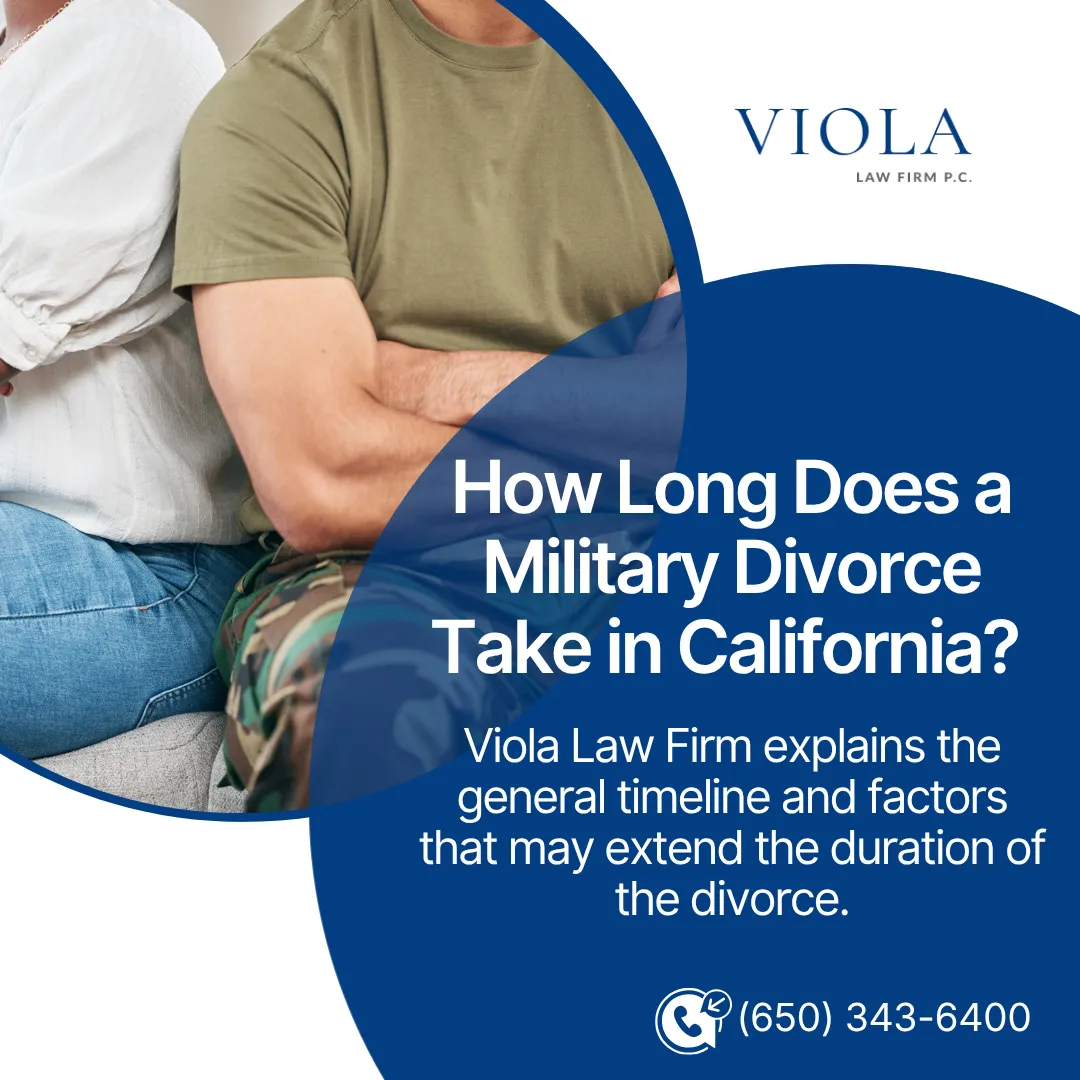 Couple sitting back-to-back, with promotional text from Viola Law Firm explaining the military divorce timeline in California.