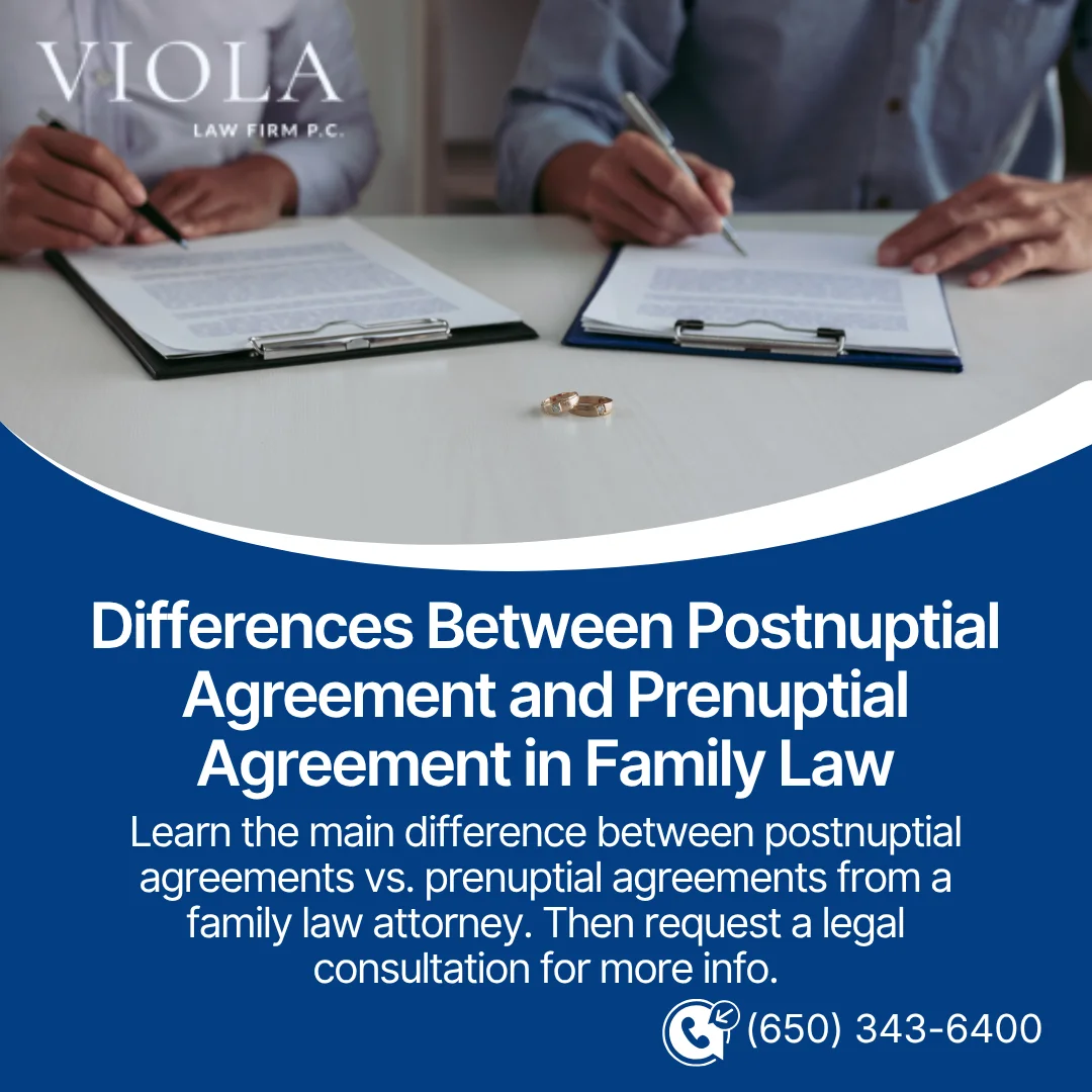 Two people signing documents near wedding rings, alongside text from Viola Law Firm comparing postnuptial and prenuptial agreements.
