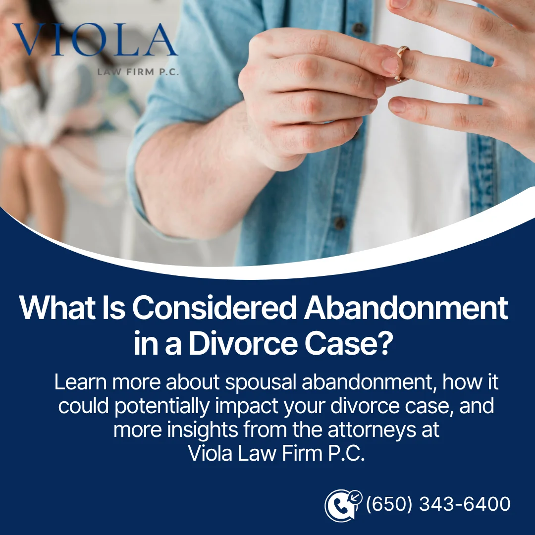 Man removing his wedding band, with promotional text from Viola Law Firm explaining spousal abandonment in divorce cases.