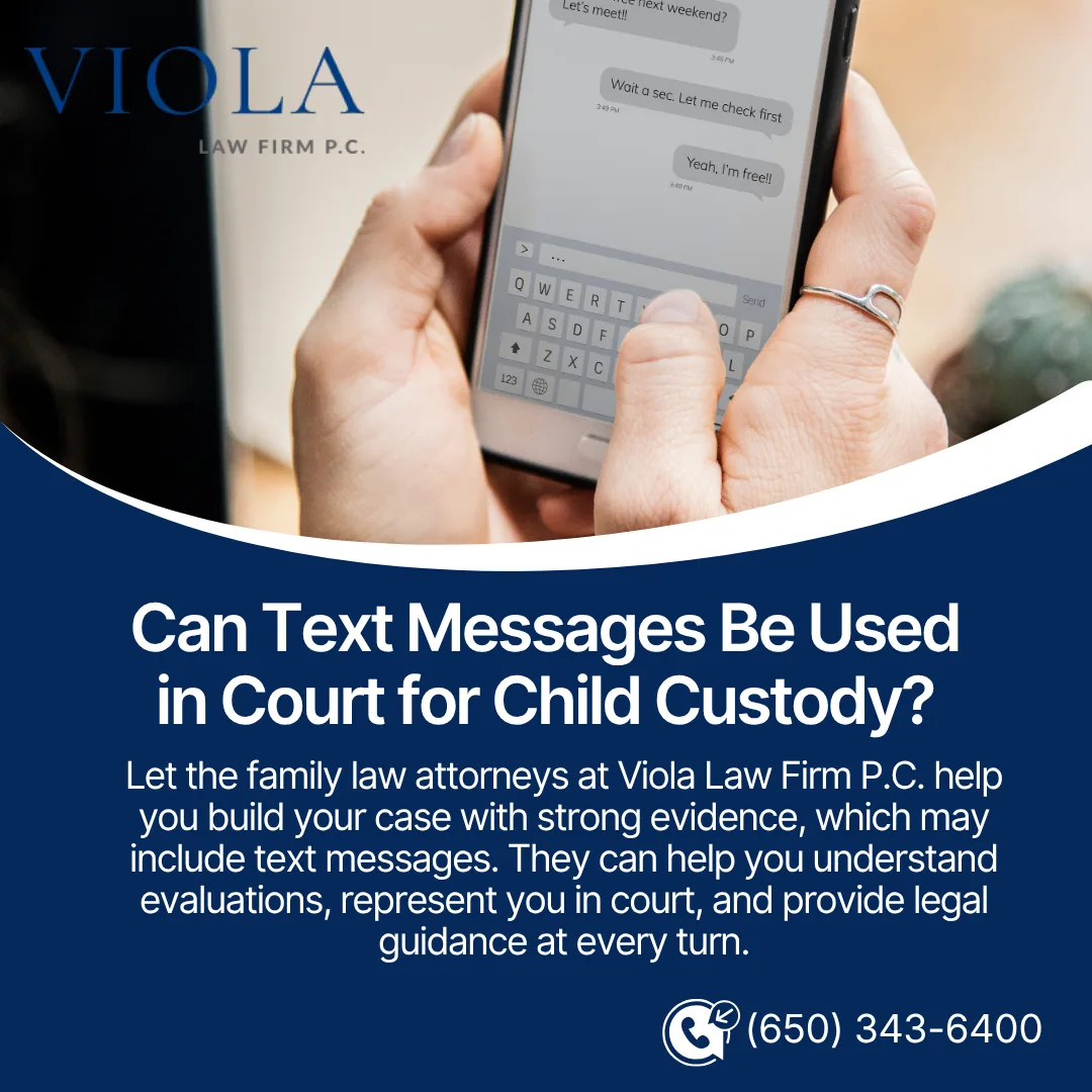 Hands typing text messages on a smartphone, featured on a graphic discussing text evidence in child custody court cases.