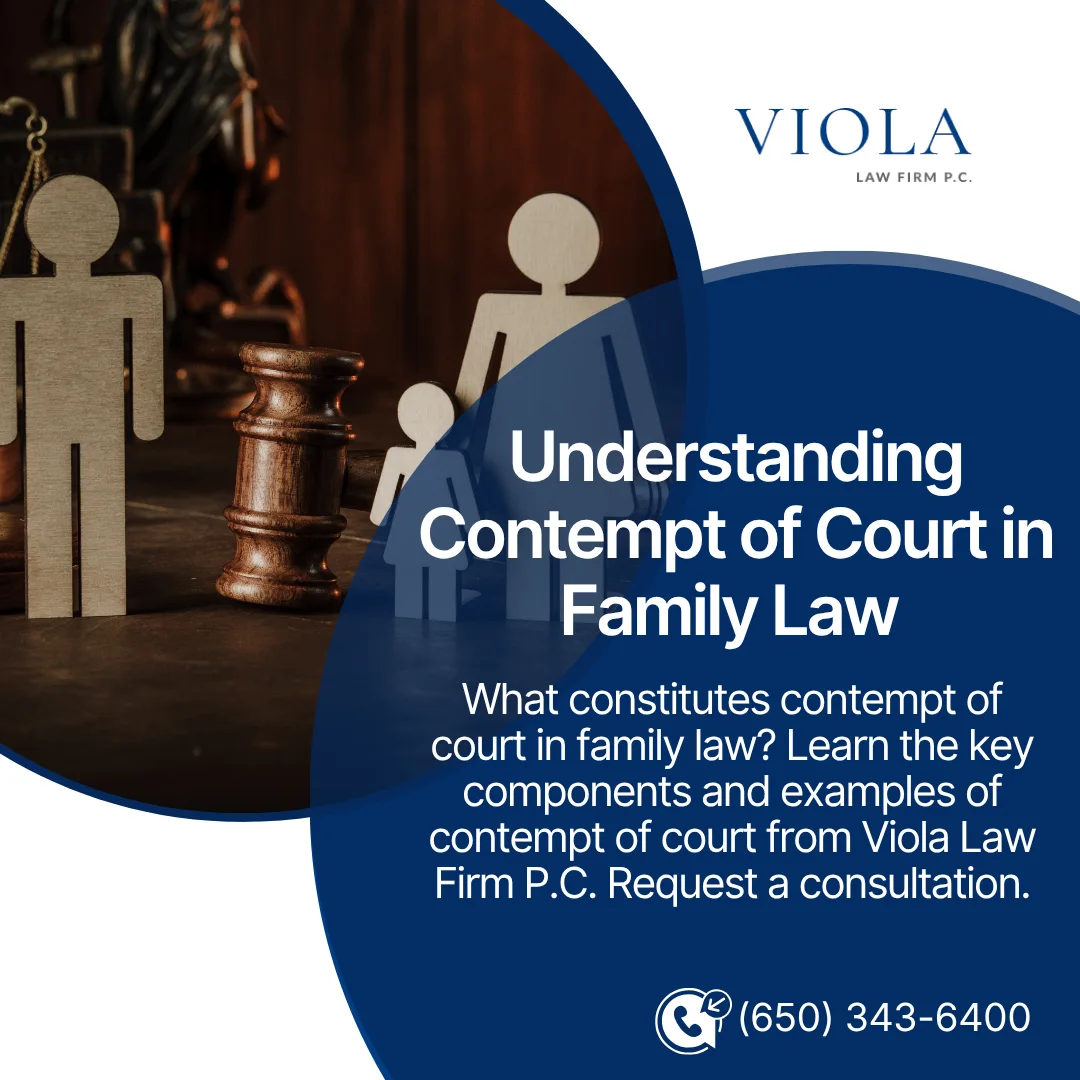 Wooden cutout figures representing a separated family beside a gavel, featured on a graphic explaining contempt of court in family law.