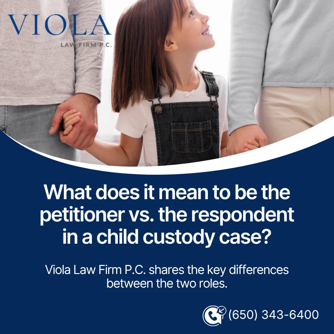 Young girl holding hands with both parents, featured on a graphic explaining petitioner versus respondent by Viola Law Firm.