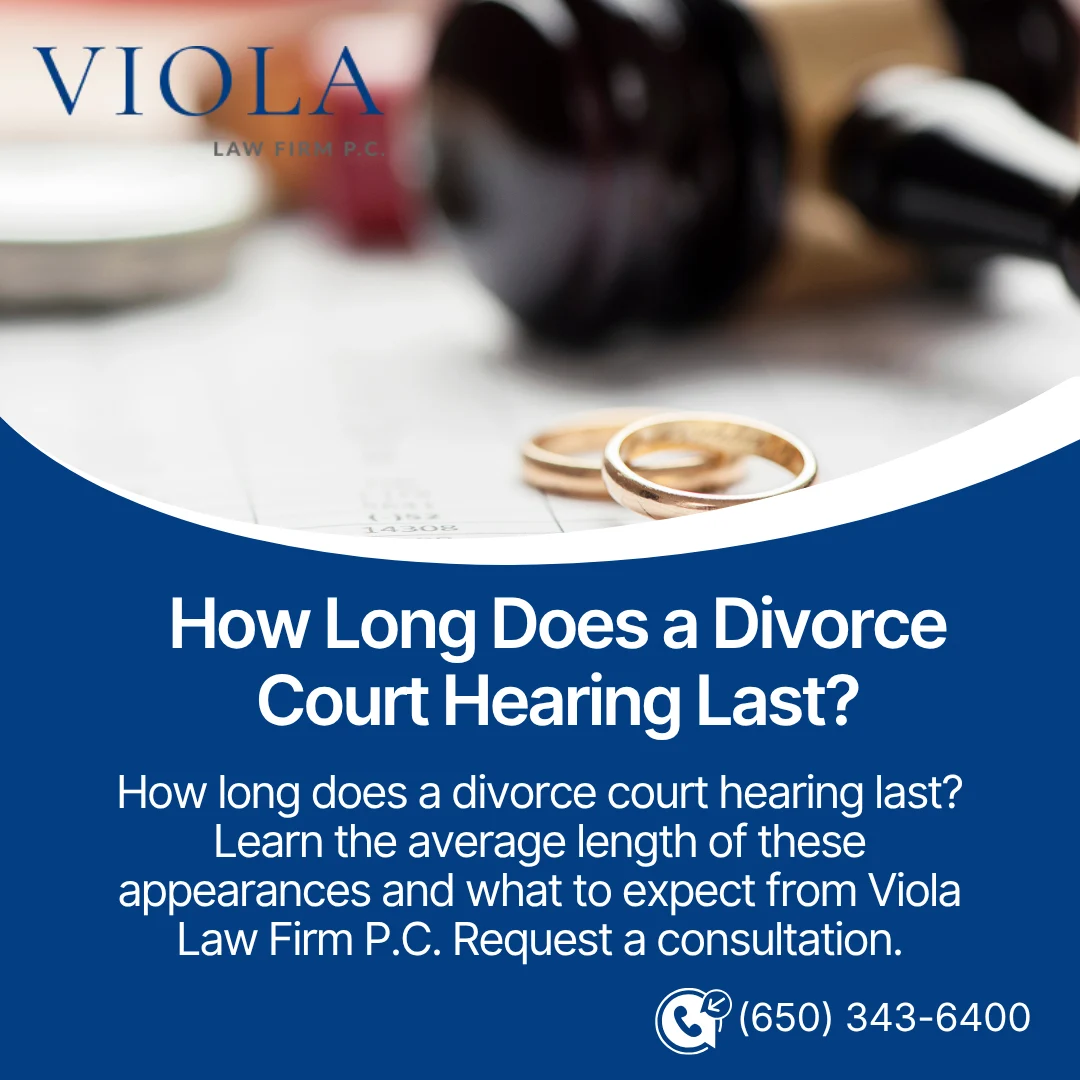 Two wedding rings lying on legal papers with a dark gavel in the background on a Viola Law graphic.