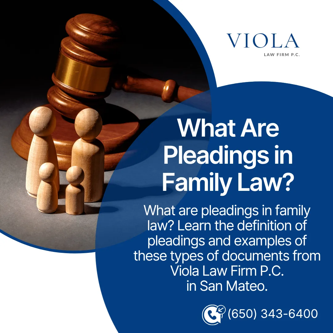 Wooden family figures standing next to a wooden gavel on a graphic explaining family law pleadings by Viola Law Firm.