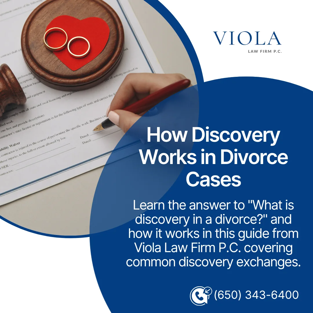 Hand signing legal documents beside wedding rings on a wooden block, featured on a graphic explaining divorce discovery by Viola Law.