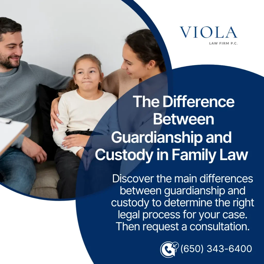 Family with child on a couch, featured on a graphic explaining guardianship versus custody from Viola Law Firm P.C.