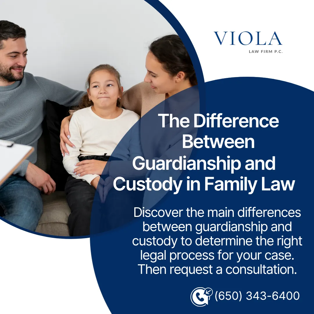 Family with child on a couch, featured on a graphic explaining guardianship versus custody from Viola Law Firm P.C.