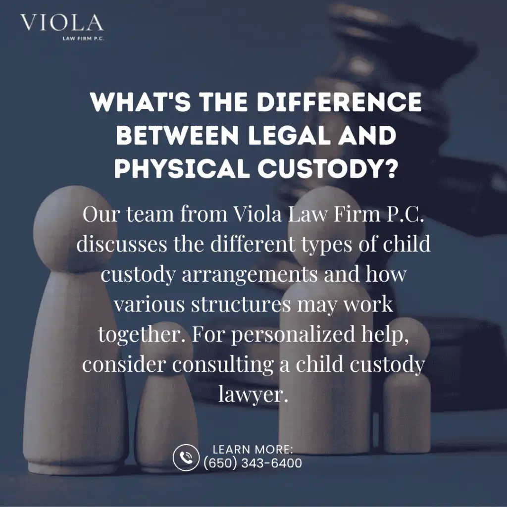 Legal versus Physical Custody infographic by Viola Law Firm P.C. for families in San Mateo, CA.