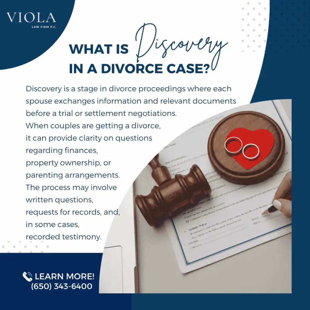 Legal infographic from Viola Law Firm P.C. explaining discovery in a divorce case in San Mateo, CA.