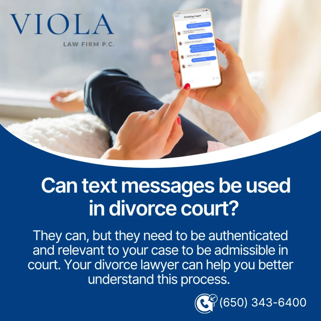 Person holding smartphone displaying text messages, featured on a graphic about using texts in divorce court by Viola Law Firm.