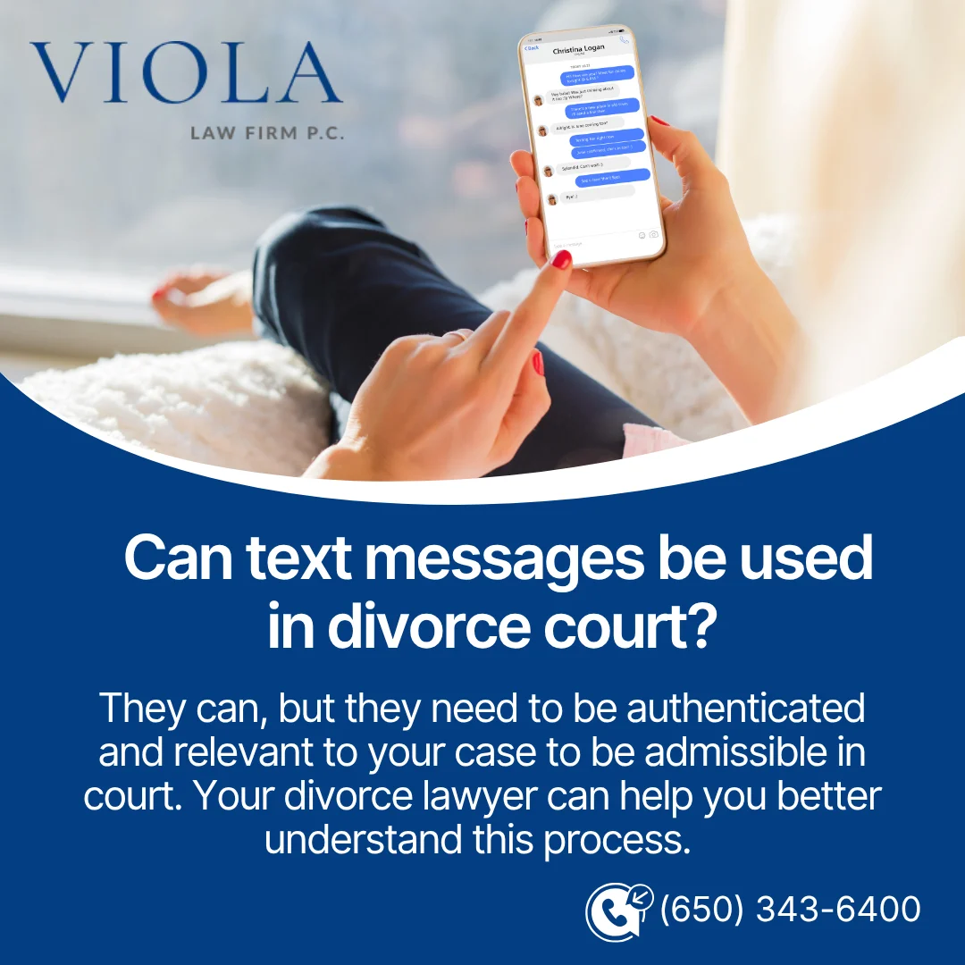Person holding smartphone displaying text messages, featured on a graphic about using texts in divorce court by Viola Law Firm.