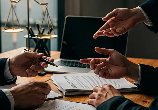 Viola Law Firm attorneys collaborating during a legal consultation with documents, a laptop, and a scale of justice.