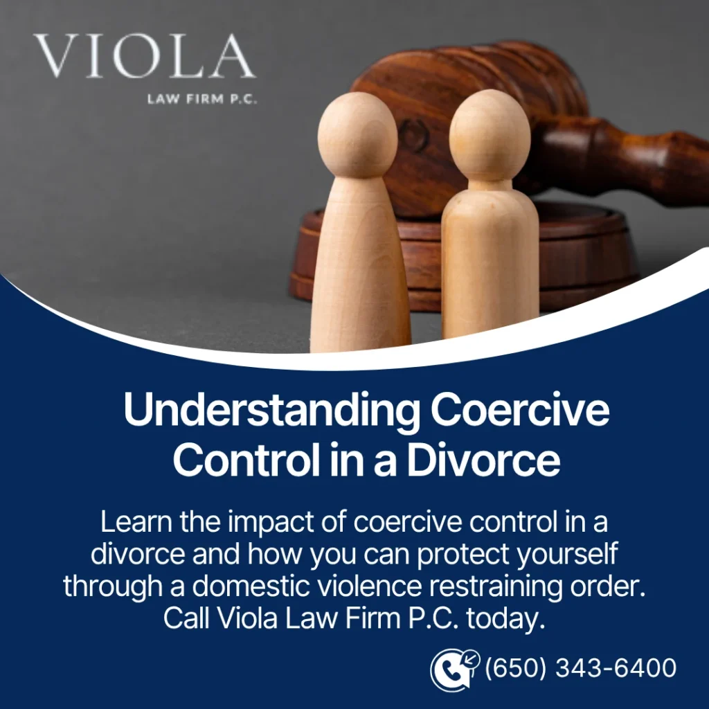 Two wooden figures with a judge's gavel behind them, featured on a graphic discussing coercive control in divorce cases.