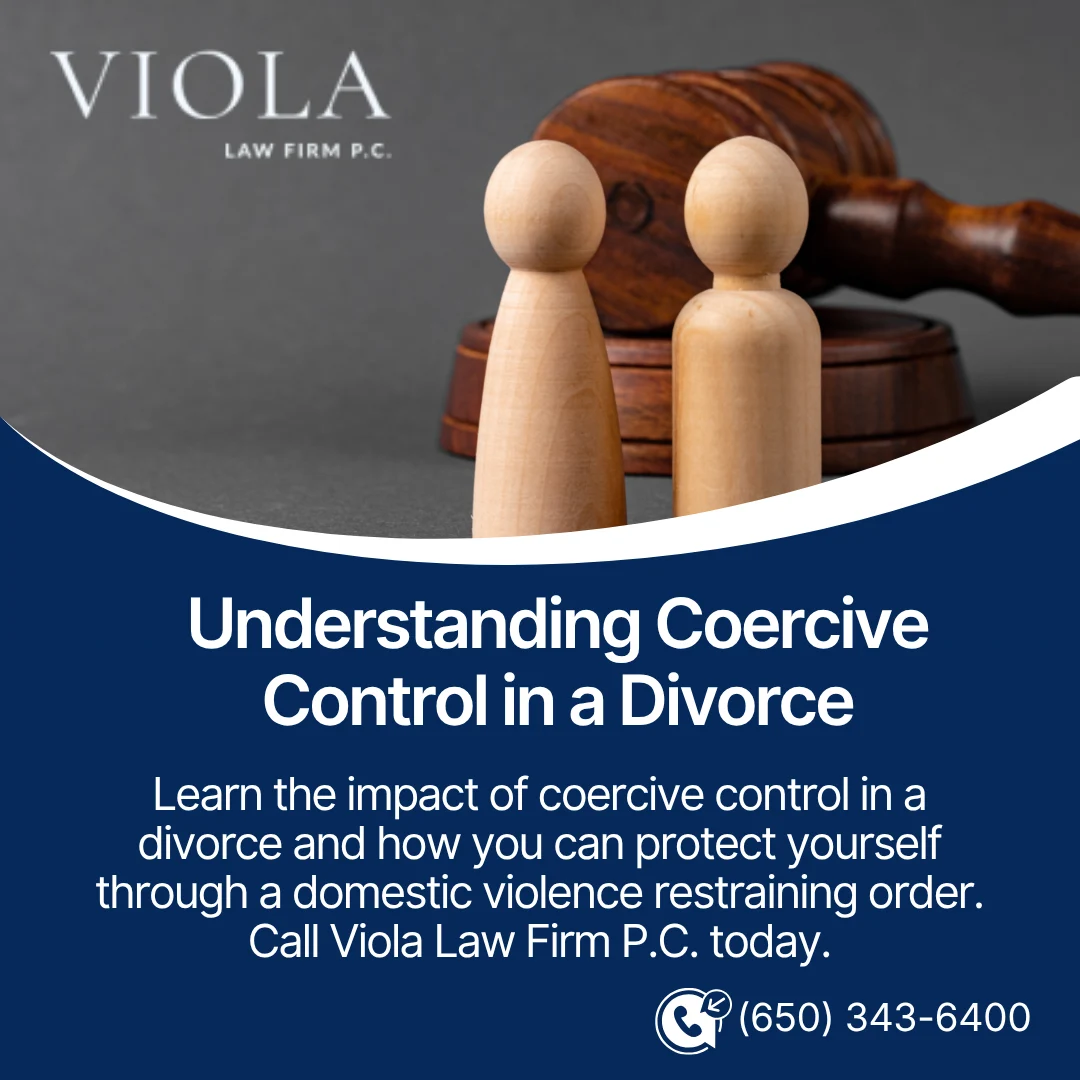 Two wooden figures with a judge's gavel behind them, featured on a graphic discussing coercive control in divorce cases.