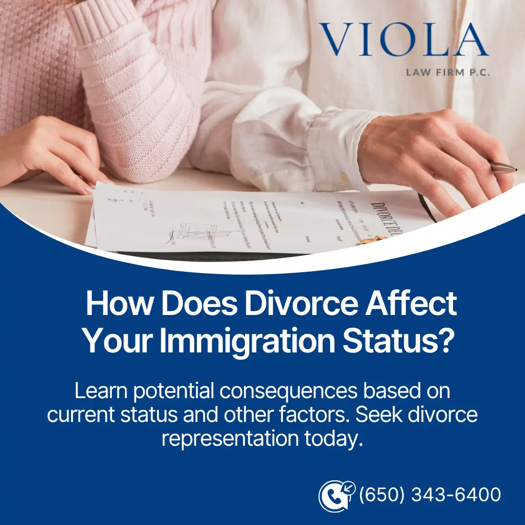Couple reviewing a divorce decree document, featured on a graphic about divorce and immigration status by Viola Law Firm.