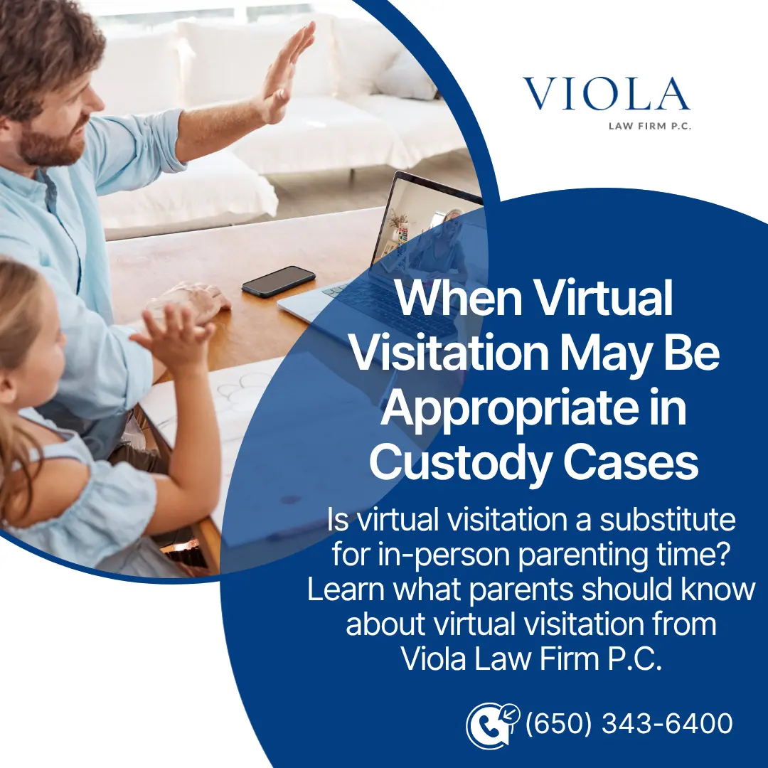 Father and young daughter waving at a laptop video call during a virtual visitation session, framed by Viola Law Firm graphic.