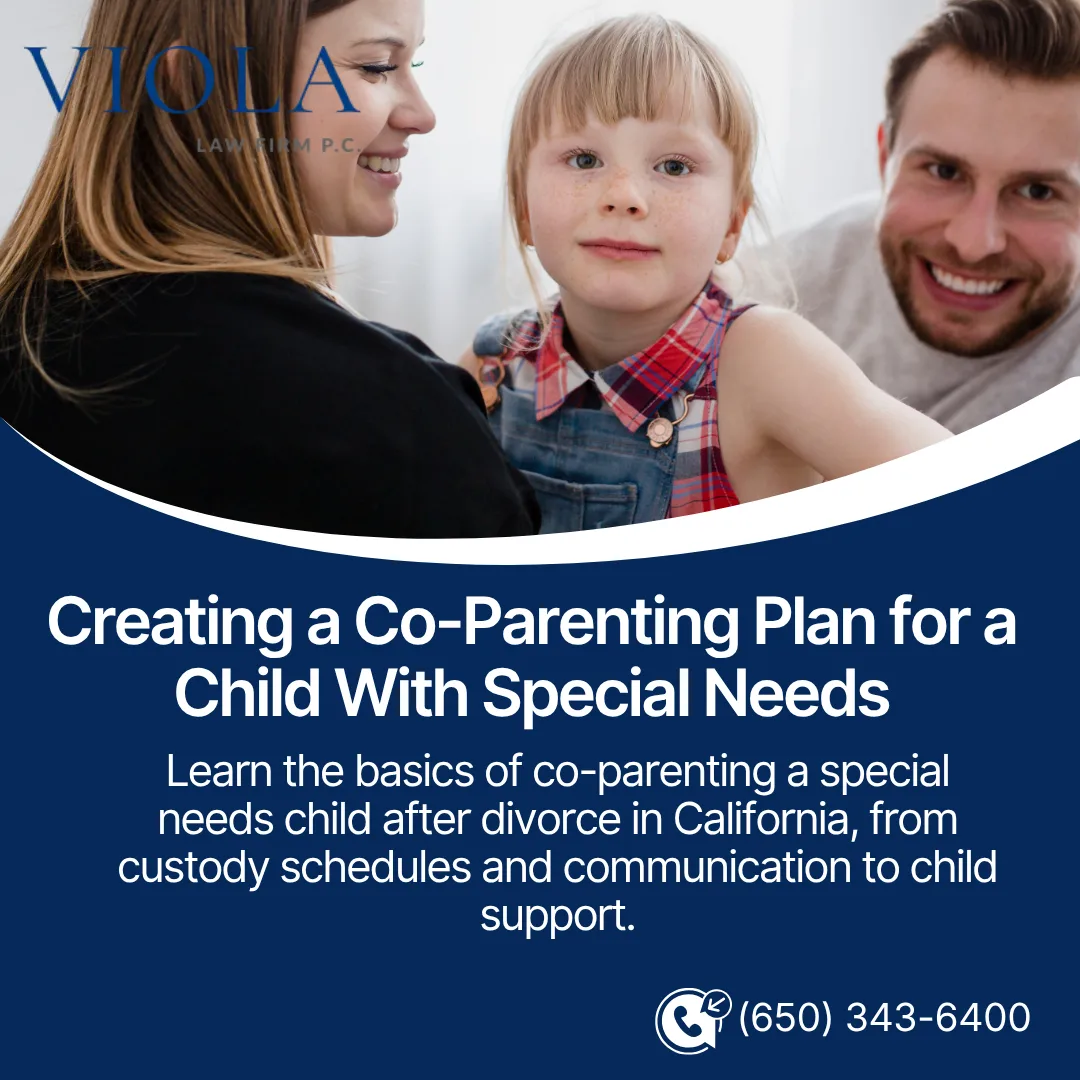 A smiling mother, father, and young child graphic above text discussing co-parenting plans for special needs children after divorce.