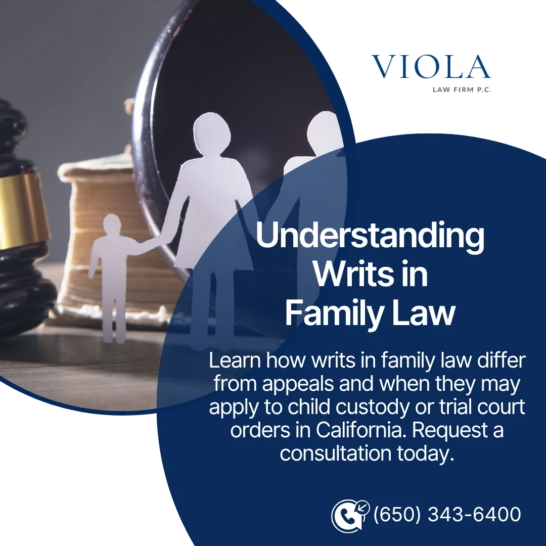 Paper family cutouts with a judge's gavel and law book, beside text explaining writs in California family law cases.